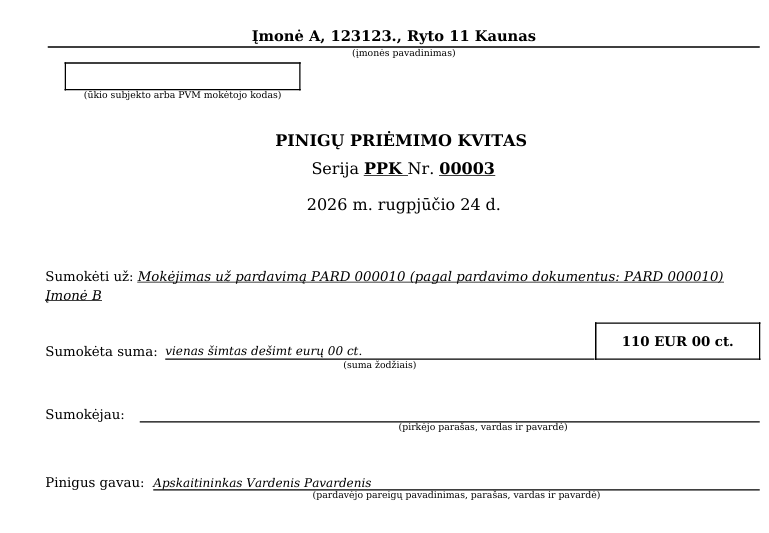 Pinigų priėmimo kvito spausdinimo formos pavyzdys